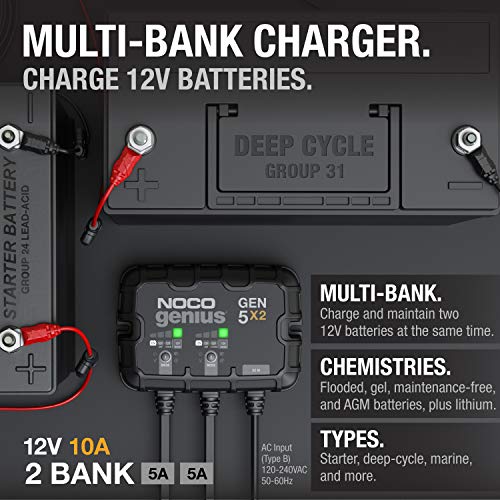 NOCO Genius GEN5X2, 2-Bank, 10-Amp (5-Amp Per Bank) Fully-Automatic Smart Marine Charger, 12V Onboard Battery Charger, Battery Maintainer and Battery Desulfator with Temperature Compensation