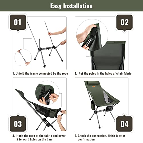 Matekxy High Back Camping Chair Lightweight Portable Folding Chair with Pillow, Side Pocket, Carry Bag for Outdoor Camping Fishing Backpacking Lawn & Beach (Army Green)