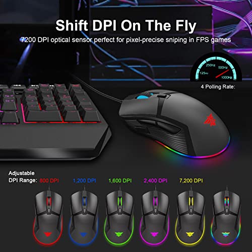 NPET M61 Gaming Mouse, 7200 DPI Optical Sensor, Chroma RGB Lighting, 7 Programmable Buttons, Anti-Slip Side Grips, Wired Mouse for FPS, MOBA, MMO