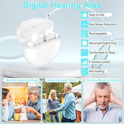 CIC Hearing Aids for Seniors Rechargeable with Noise Cancelling, Hearing Amplifier for Adults with Severe Hearing Loss, 16 Channels Digital Sound Process with Smart Touch Control and Auto On & Off (mini White, Pair)