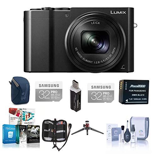 Panasonic Lumix DMC-ZS100 Digital Camera, 20.1MP, Black - Bundle with 2x 32GB Class 10 U3 SDHC Card, Camera Case, Spare Battery, Cleaning Kit, Memory Wallet, Tripod, Card Reader, Software Package