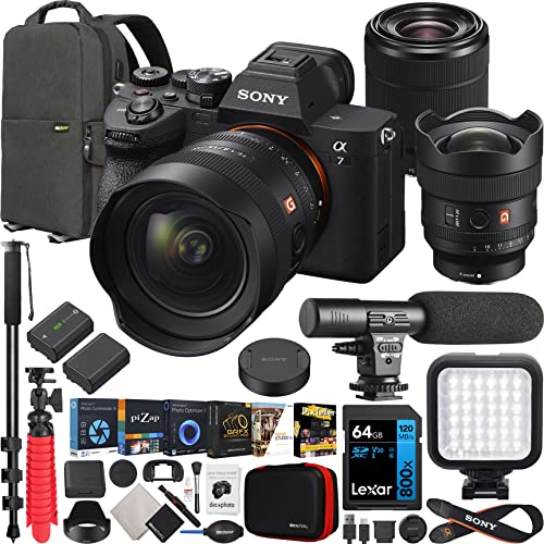 Sony a7 IV Full Frame Mirrorless Camera Body with 2 Lens Kit FE 14mm F1.8 GM G Master + 28-70mm ILCE-7M4K/B + SEL14F18GM Bundle w/Deco Gear Backpack + Monopod + Extra Battery, LED and Accessories