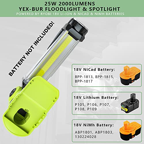 for Ryobi 18V Light Cordless Powered LED Spotlight YEX-BUR 25W 2000LM LED Work Light for Ryobi 18v ONE + Li-ion NiCd NiMh Batteries Portable Handheld Flashlight Floodlights Camping Light with Hook