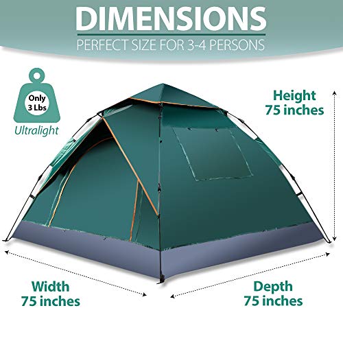 Zone Tech Family Instant Pop Up Tent – 30 Seconds Easy Setup Portable Waterproof and Windproof 3-4 Person Camping, Hiking, Traveling Automatic Pop Up Family Tent - Perfect for Outdoor Activities