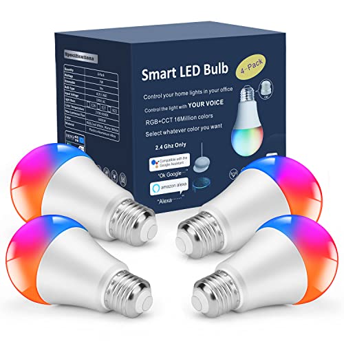 Smart Light Bulbs,Color Changing Light Bulbs That Work with Alexa and Google Assistant,2.4GHz WiFi & Bluetooth Music Sync Multicolor LED Bulbs,7W(60W Eqv.) E26 A19 for Smart Home Lighting-4PACK