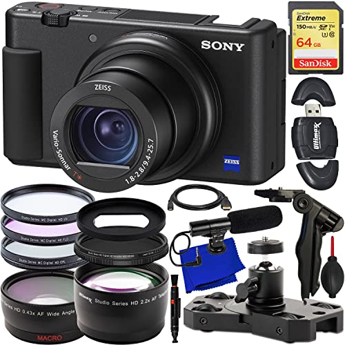 Sony ZV-1 Digital Camera (Black) + SanDisk 64GB Extreme SDXC, Adapter Ring for ZV-1, 3PC UV Filter Kit (UV, CPL, FLD), Mini Camera Dolly, Variable Neutral Density Filter(ND2-ND400) & More(21pc Bundle)