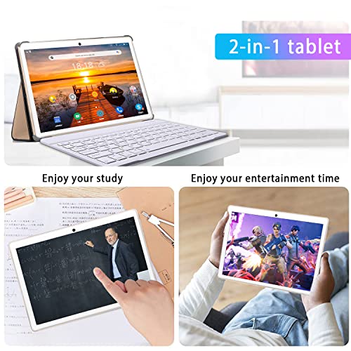 Android 10.0 Tablet 10 Inch with Keyboard, 4GB RAM 64GB ROM 128GB Expand Quad Core 1.6Ghz Processor Dual Camera, Mouse, OTG, Type C, 4G LTE & 2.4G WiFi Version 2 in 1 Tablet (Gold)