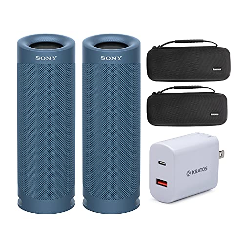 Sony SRSXB23 Extra BASS Bluetooth Wireless Portable Speaker (Blue) Stereo Pair with Knox Gear Hardshell Travel and Protective Cases and Kratos 18W PD Two-Port Power Adapter Bundle (5 Items)