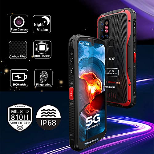 CONQUEST S20 5G Rugged Smartphone Unlocked Cell Phones Android 11, 8G+256G,IP 68 Waterproof 8000mAh Battery,IP68 Waterproof,48MP Quad Camera,6.3 Inch Screen,Dual SIM,NFC,POC walkie Talkie (RED, 256G)