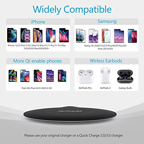 Slim Wireless Charger, 15W Fast Qi Wireless Charging Pad Compatible with iPhone 13/12/12 Pro Max/12 Mini/11/XR/X/8 Plus, Samsung Galaxy S21/S20 Ultra/S10/S9/Note 10, Pixel 5/4 XL (No Adapter)…