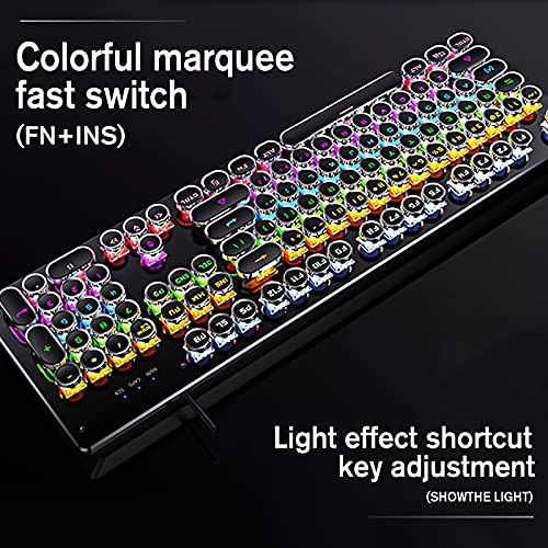 Basaltech Mechanical Light Up Keyboard With LED Backlit, Typewriter Style Gaming Keyboard With 104-Key Brown Switch Round Keycaps, Retro Steampunk Keyboard Metal Panel With Wired USB For PC/Mac/Laptop