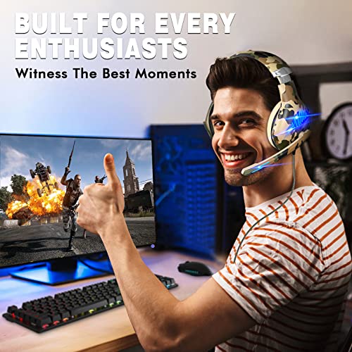 Gaming Headset for PS4 PS5 Xbox One Switch PC with Noise Cancelling Over-Ear Stereo Bass Surround Sound -Camo