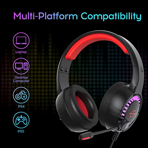 USB Gaming Headset for PC PS4 PS5, MELOGAGA 7.1 Surround Sound Headphones with RGB Breathing LED Lights& Noise Canceling Microphone, Over-Ear Game Headset for Playstation Console Laptops Computer