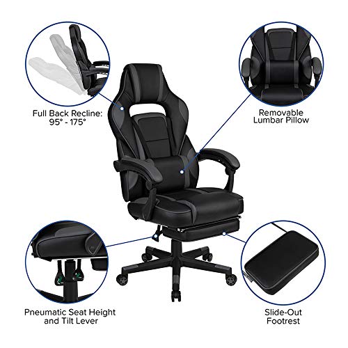 Flash Furniture X40 Gaming Chair Racing Ergonomic Computer Chair with Fully Reclining Back/Arms, Slide-Out Footrest, Massaging Lumbar - Black/Gray