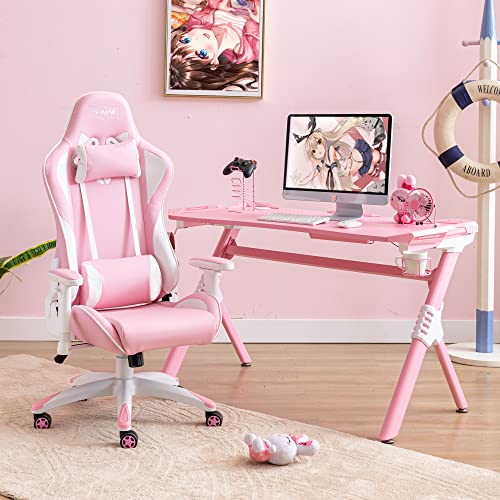 S*MAX Pink Gaming Desk and Pink Gaming Chair Adjustable High Back Ergonomic Gaming Desk with LED Lights