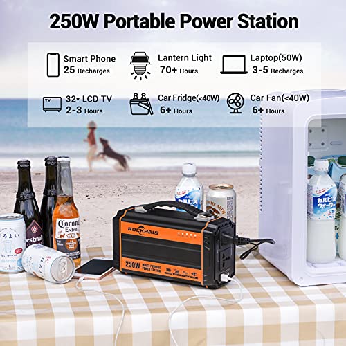 ROCKPALS 250-Watt Portable Generator Rechargeable Lithium Battery Pack Solar Generator with 110V AC Outlet, 12V Car, USB Output Off-grid Power Supply for CPAP Backup Camping Emergency