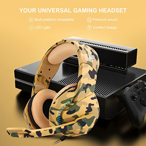 PS4 Gaming Headset with 7.1 Surround Sound, Xbox One Headset with Noise Canceling Mic & LED Light, PHOINIKAS H3 Over Ear Headphones, Compatible with Nintendo Switch, PC, PS4, Xbox One, Laptop (Camo)