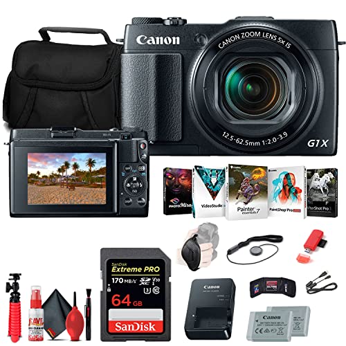 Canon PowerShot G1 X Mark II Digital Camera (9167B001), 64GB Memory Card, NB13L Battery, Charger, Card Reader, Corel Photo Software, HDMI Cable, Case, Flex Tripod, Hand Strap + More