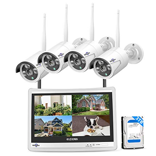 [8CH Expandable, 2K] Hiseeu All in one with 12" LCD Monitor 3TB Hard Drive, Wireless Security Camera System, Home Business 8CH 1296P NVR Kit 4pcs 3MP Outdoor Bullet IP Cameras Night Vision Waterproof