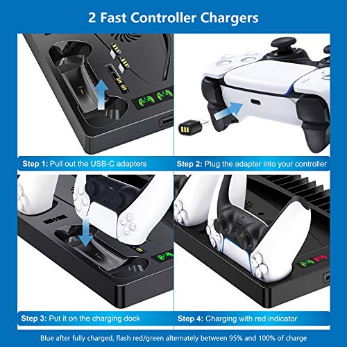 Vertical Stand with Headset Holder and Cooling Fan Base for PS5 Console & Playstation 5 Accessories, 1 Headphone Stand, 2 Controller Chargers, 15 Game Disc Slots and 1 Media Remote Organizer