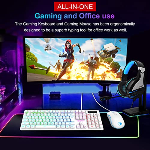 NPET S20 Wired Gaming Keyboard and Mouse Combo, LED Backlit Quiet Ergonomic Mechanical Feeling Keyboard, Gaming Mouse 6400 DPI, for Desktop, Computer, PC, White