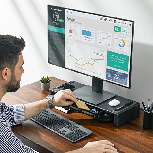 AMERIERGO Monitor Stand, Monitor Riser with Drawer, Computer Monitor Stand for Desk with Tablet Phone Holder, Desk Organizer, Black Monitor Stand Riser for Desktop, Laptop, Printer, PC