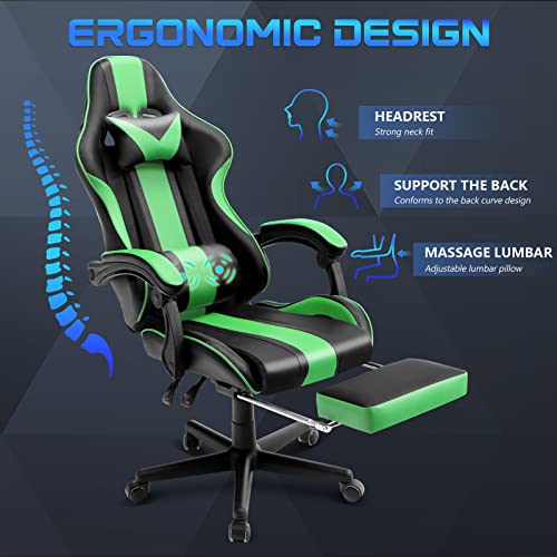 Ferghana Pink and Green Gaming Chairs with Footrest,Computer Game Chair,Massage Gaming Chairs,Christmas,Xmas Gift,PC Gaming Chairs for Adults Teens for Gaming Live Streaming Room