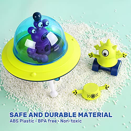 HOLYFUN Kid Magnetic Walking Musical Space Toy with 35PCS Stacking Blocks Building Robot, Storage Box, STEM Educational Electronic Flying Saucer and Magnetic Robot Gift for Children Toddler Boy Girl