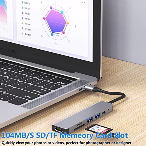 USB C Hub Multiport 6 in 1 USB C Adapter with 4K HDMI, SD/TF Card Reader, USB 3.0/2.0 Ports, Type C 100W PD Quick Charging Compatible for MacBook Pro and More Type C Laptop Devices