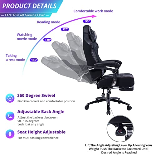 FANTASYLAB Big and Tall Gaming Chair with Footrest 400lb Gaming Chair Massage Gaming Chair Memory Foam Adjustable Tilt Back Angle and Arm High Back Leather Racing Computer Desk Office Chair