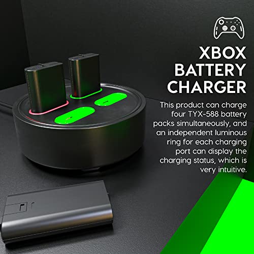 TALK WORKS Xbox Battery Charger Station w/ 4 Rechargeable Batteries - 5' Cable Light Up USB-C Multi-Battery Charging Pack for X-Box Game (Black)