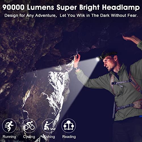 AMAKER LED Rechargeable Headlamp, 90000 Lumens Super Bright with 5 Modes & IPX6 Level Waterproof USB Rechargeable Zoom Headlamp, 90° Adjustable for Outdoor Camping, Running, Cycling,Climbing, Etc.