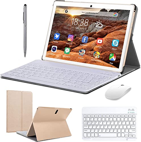 Android 10.0 Tablet 10 Inch with Keyboard, 4GB RAM 64GB ROM 128GB Expand Quad Core 1.6Ghz Processor Dual Camera, Mouse, OTG, Type C, 4G LTE & 2.4G WiFi Version 2 in 1 Tablet (Gold)