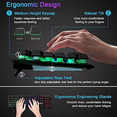 NPET K10 Gaming Keyboard USB Wired Floating Keyboard, Quiet Ergonomic Water-Resistant Mechanical Feeling Keyboard, Ultra-Slim Rainbow LED Backlit Keyboard for Desktop, Computer, PC (Renewed)