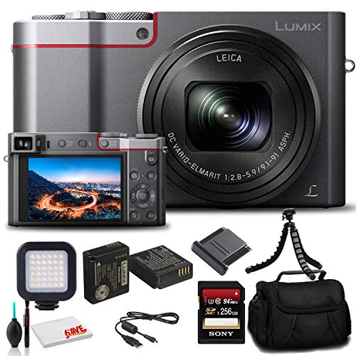 Panasonic Lumix DMC-ZS100 Digital Camera (Silver) (DMC-ZS100S) - Bundle - with 256GB Memory Card + LED Video Light + DMW-BLE9 Battery + Soft Bag + 12 Inch Flexible Tripod + Cleaning Set