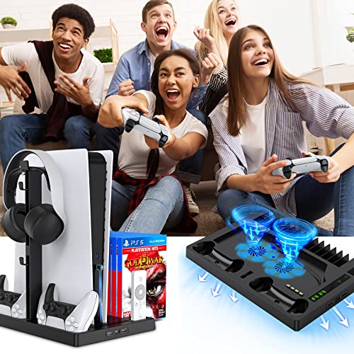 Vertical Stand with Cooling Fan, BSOON PS5 Accessories for PS5 Games & Playstation 5 Console, Built-in Headset Holder, Dual Controller Chargers, 15 Game Disc Slots and 1 Media Remote Organizer