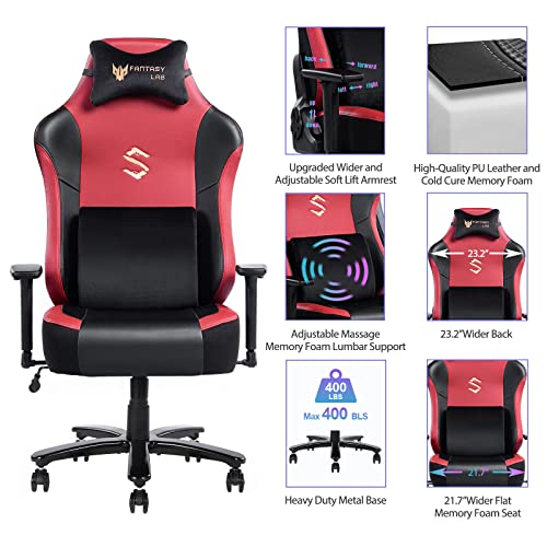 FANTASYLAB Big and Tall 400lb Massage Memory Foam Gaming Chair - Adjustable Tilt, Back Angle and 3D Arms High-Back Leather Racing Executive Computer Desk Office Chair, Metal Base (Red)