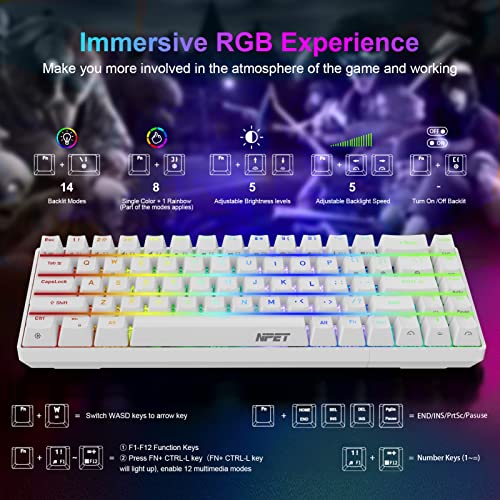 NPET K61 60% Mechanical Gaming Keyboard, RGB Backlit Ultra-Compact Wired Keyboard with Clicky Blue Switches for Computer/Laptop (68 Keys, White)