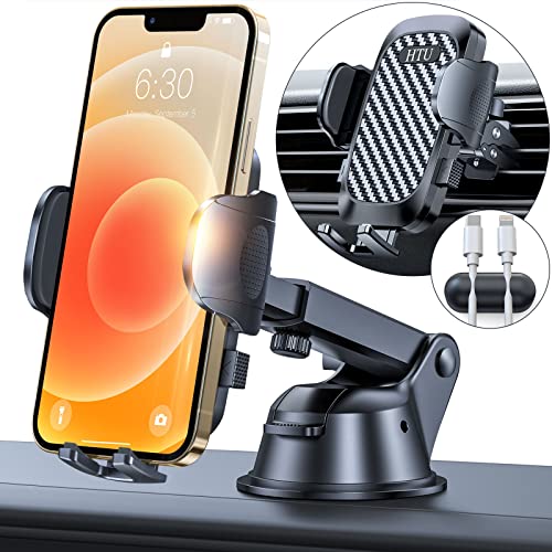 HTU Cell Phone Holder for Car [2022 Upgraded Super Suction & Stable] Universal Handsfree Car Phone Holder Mount Dashboard Windshield Air Vent Car Mount for iPhone Samsung All Smartphones & Cars