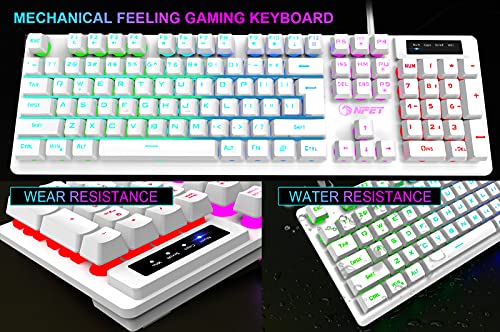 NPET K10 Gaming Keyboard, RGB Backlit, Spill-Resistant Design, Multimedia Keys, Quiet Silent USB Membrane Keyboard for Desktop, Computer, PC (White)