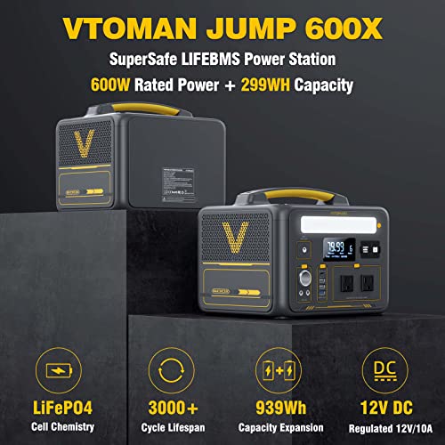 VTOMAN Jump 600X Portable Power Station 600W, 299Wh LiFePO4 Battery Powered Generator with Expandable Capacity, 2x Pure Sine Wave 600W (Surge 1200W) AC Outlets, PD 60W USB-C, 3x Regulated 12V/10A DC