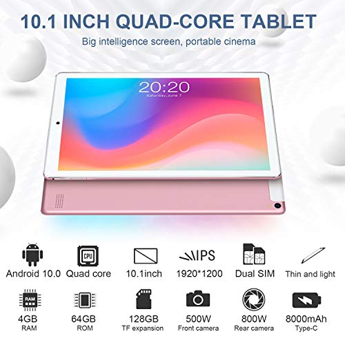 2 in 1 Tablet 10 Inch with Keyboard Mouse Stylus, 128GB Expand 64GB ROM 4GB RAM Android 10.0 Quad-Core HD IPS Screen 8MP Dual Camera GPS FM OTG Bluetooth Tablets 4G Dual SIM & WiFi (Pink)
