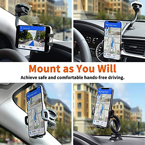 Solid Car Truck Phone Mount Holder with 14-Inch Gooseneck Long Arm, 1Zero Windshield Window Mobile Holders w/ Industrial-Strength Suction Cup, Anti-Shake Stabilizer Compatible All Cell Phones iPhone