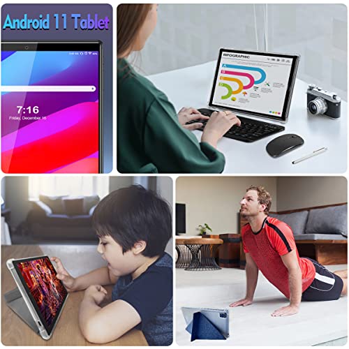 Android 11 Tablets, 10 Inch Tablet with Keyboard, 4GB Ram 64GB Rom/128GB 5G WiFi 2 in 1 Tablet PC 13MP Camera Quad Core 6000mAh Bluetooth Include Wireless Keyboard Mouse Tablet Case Stylus-Black