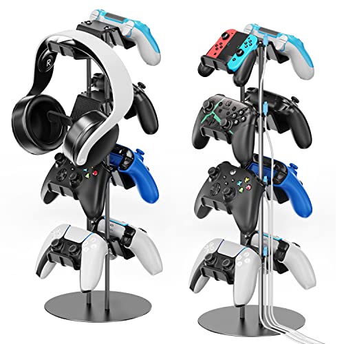 Kytok Controller Stand 4 Tiers with Cable Organizer for Desk, Universal Controller Display Stand Compatible with Xbox PS5 PS4 Nintendo Switch, Headset Holder & Desk Mounts for 8 Packs Controller