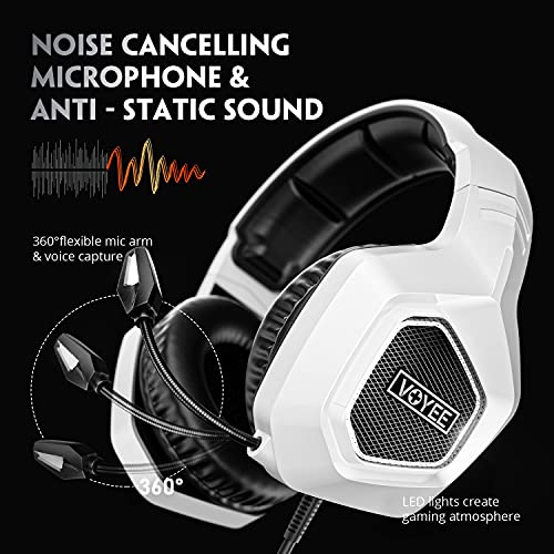 Gaming Headset for Xbox One PC PS5 PS4, VOYEE Noise Isolation Stereo Over Ear Game Headphones with Microphone/LED Light/Bass Surround/Soft Memory Earmuffs (White)