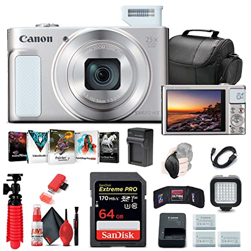 Canon PowerShot SX620 HS Digital Camera (White) (1074C001), 64GB Memory Card, 2 x NB13L Battery, Corel Photo Software, Charger, Card Reader, LED Light, Soft Bag + More (International Model)