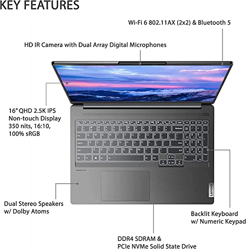 Lenovo Ideapad 5i Pro 16 inch Laptop, 2.5K QHD(2560 x 1440) IPS Display, 11th Gen Intel Core i5-11300H(Beats i7-10710U),8GB RAM, 1024GB SSD, NVIDIA GeForce MX450, Backlit KB, IR Camera, Windows 11 H