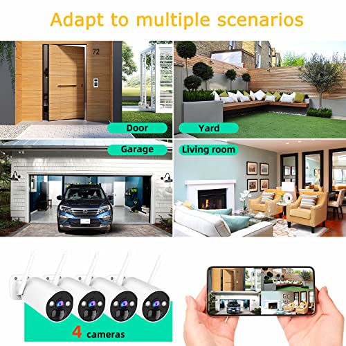 【3MP Color Night Vision + Motion Detection】CAMCAMP Wireless Home Security System, Include 2 Solar Panel & Base Station & 4 Camera, 180-Day Battery Life, 2 Way Audio, APP Remote, for Outdoor and Indoor