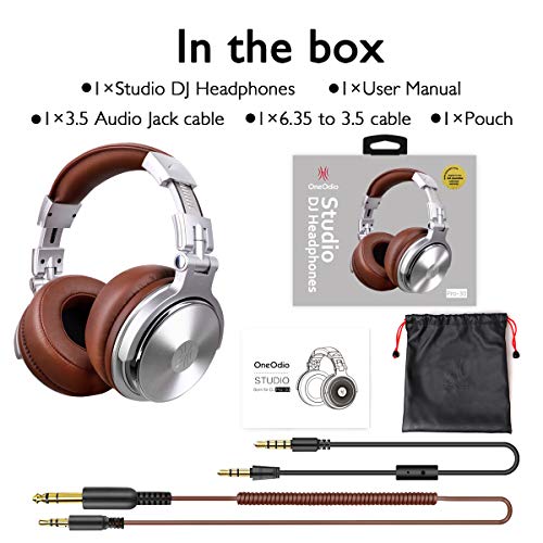 Over Ear Headphone, Wired Premium Stereo Sound Headsets with 50mm Driver, Foldable Comfortable Headphones with Protein Earmuffs and Shareport for Recording Monitoring Podcast PC TV- with Mic (Silver)